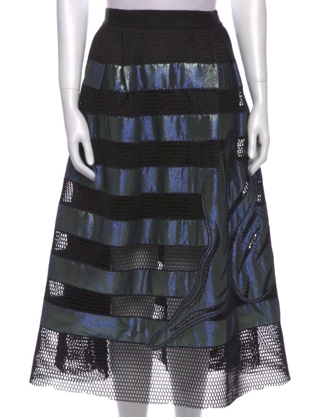 Sachin + Babi Noir sz 12 Black & Iridescent Blue A-Line Mesh Panel Midi Skirt - Picture 1 of 6